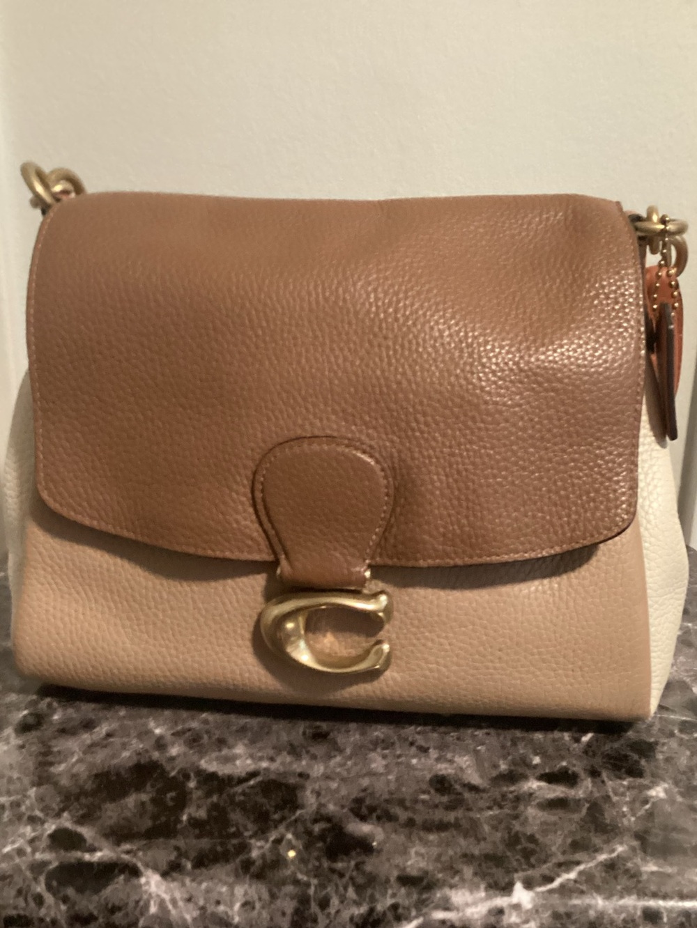 Coach Two-Tone Pebble Leather Shoulder Bag in Brown and Cream